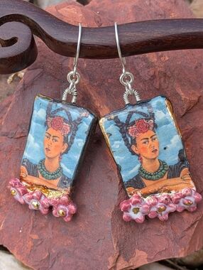 Rare Frida Khalo Earrings Artisan Ceramic Jewelry Sterling Silver